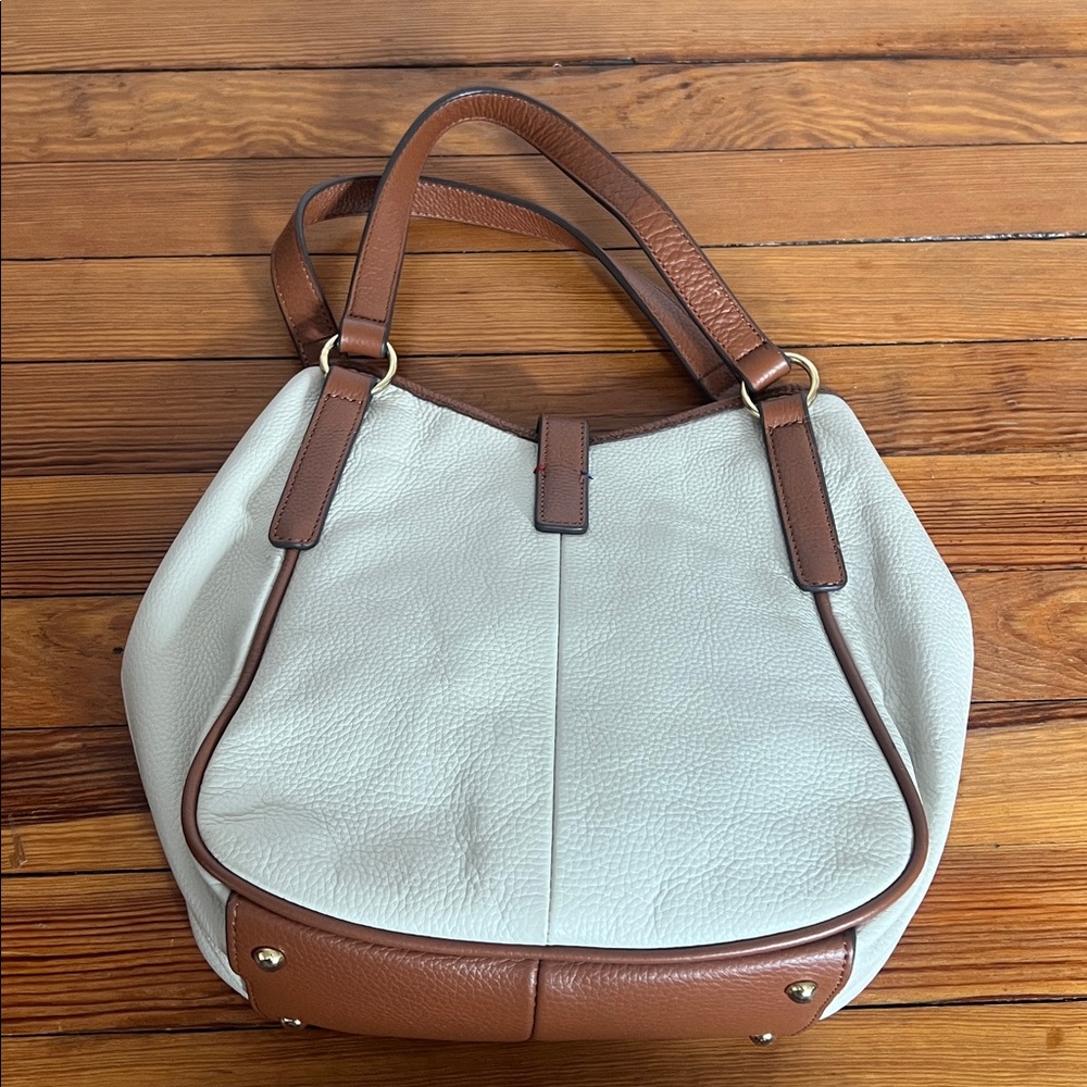 Vintage Tommy Hilfiger Pebbled Leather Tote Cream Cognac Preppy Y2K - Picture 4 of 10